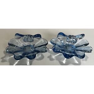 MCM Vintage ART GLASS Trinket Dish Light Blue Fluted Sides 7" lot of 2